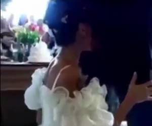Instead of the traditional kiss during the wedding ceremony, this horny bride on her knees for the groom to blowjob. 